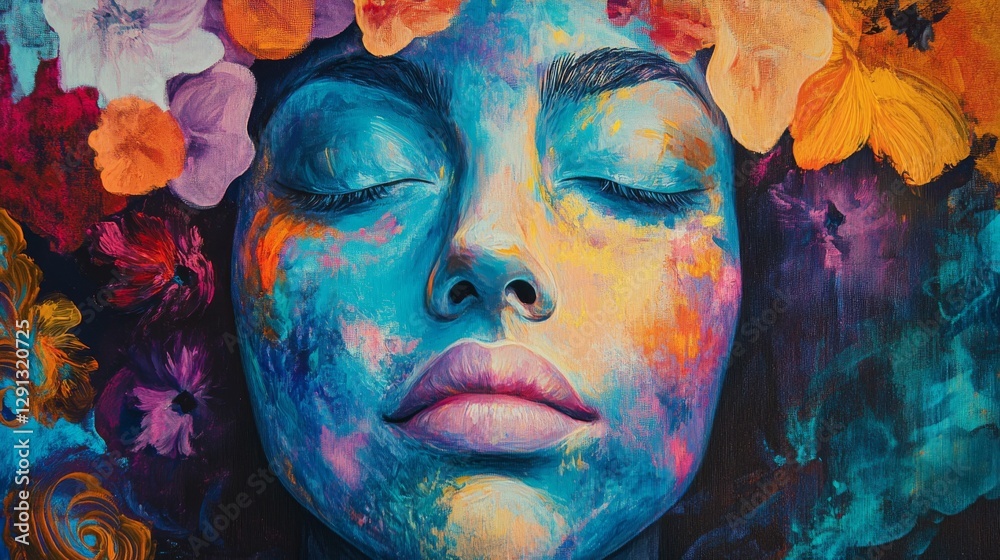 Obraz premium Vibrant portrait of a woman adorned with colorful floral elements, surrounded by abstract patterns