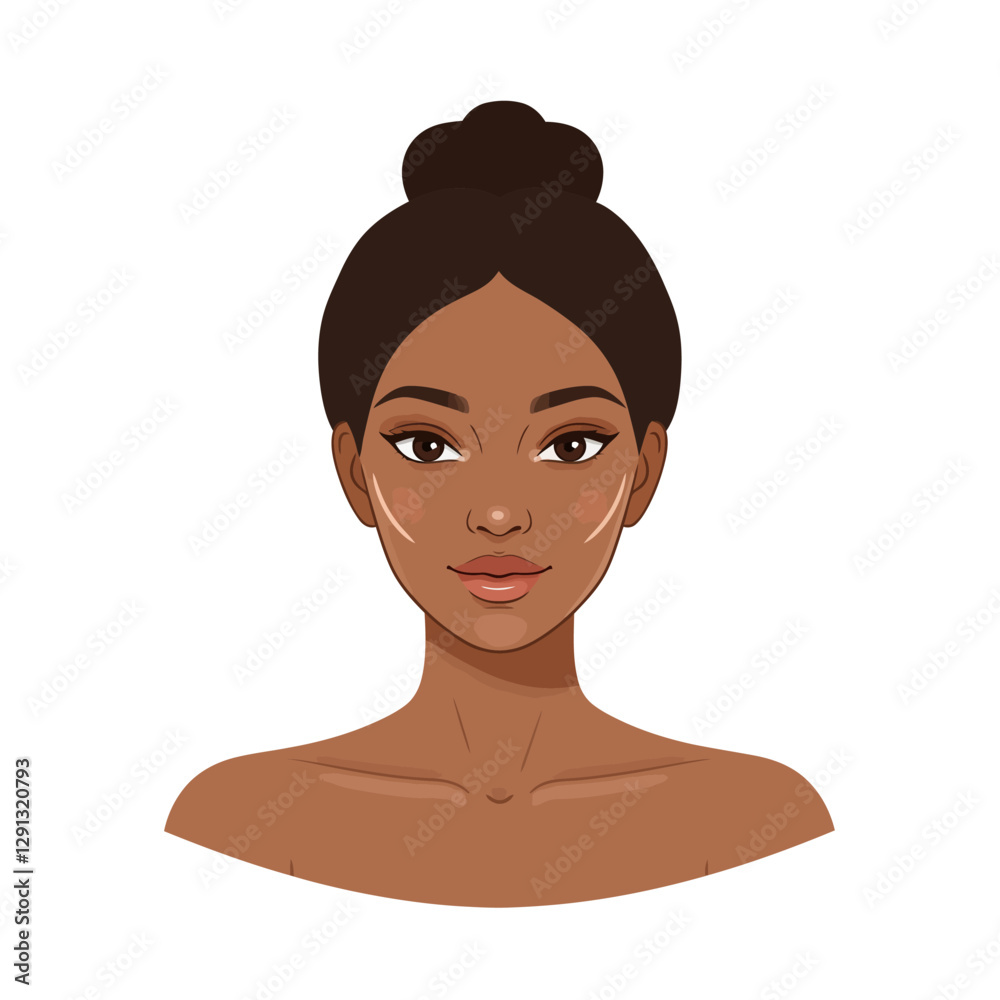 Perfectly Contoured Beauty: An illustrative portrait showcases the art of facial contouring on a woman, highlighting her features with precision. Perfectly Contoured Beauty: An illustrative portrait showcases the art of facial contouring on a woman, highlighting her features with precision.