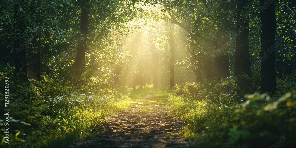 Obraz premium 3d background minimalistic mockup with space for text, soft-focus morning sunbeams illuminating a fresh forest trail
