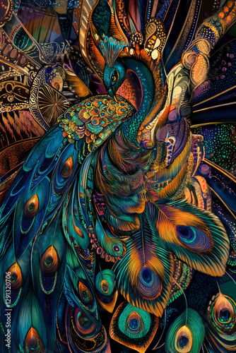 Wallpaper Mural Illustration of a colorful peacock displaying its vibrant feathers, with intricate patterns in rich blues, greens, and golds. The elegant bird posture and the dazzling colors make this scene both Torontodigital.ca
