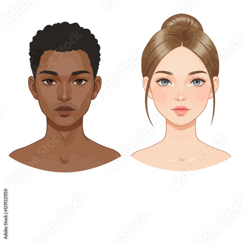 Diverse Beauty: Two illustrated portraits of people, one with dark skin and black curly hair, the other fair-skinned with light brown hair in a bun. Each face showcases unique features.