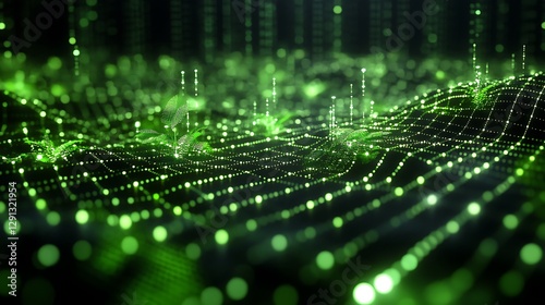 A green digital crop field with lights and growing plants