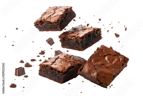 Pieces of chocolate brownies floating or falling in mid air, isolated on white background
