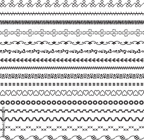 hand drawn embroidery stitched black vector border patterns