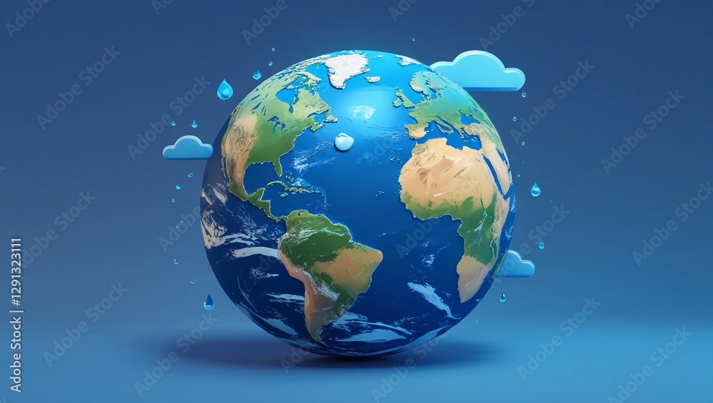 Naklejka premium Blue planet Earth in 3d cartoon style on blue gradient background. Water Day or World Oceans Day concept. Earth Day or Saving Water concept