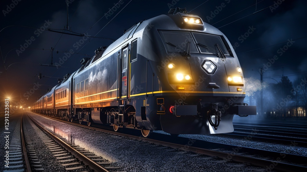 Obraz premium A photo of a train with sleek LED headlights glowing.