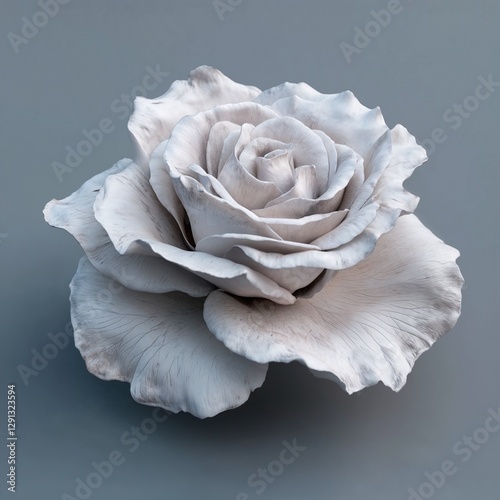 White ceramic rose sculpture on gray background