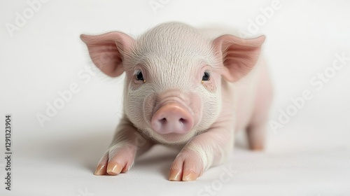 Cute and curious piglet lying on a soft surface, showcasing its delicate features and playful demeanor in a studio setting.