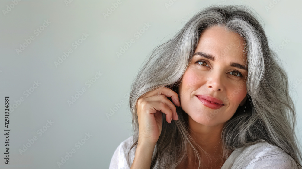 Smiling mature woman with white hair posing in white shirt. Smiling mature woman with white hair posing in white shirt.