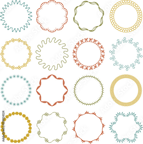 hand drawn vintage colors embroidery stitch vector circle frames