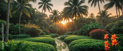 Serene garden path winding through lush greenery at sunrise in a tropical paradise