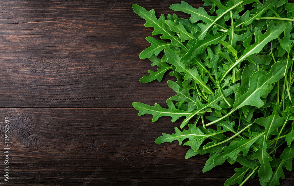Fresh arugula leaves on dark wooden surface, perfect for salads and garnishes Fresh arugula leaves on dark wooden surface, perfect for salads and garnishes