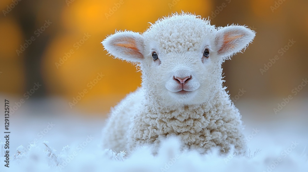 Fototapeta premium Charming young lamb with fluffy wool in a frosty field surrounded by a warm golden glow from the backdrop