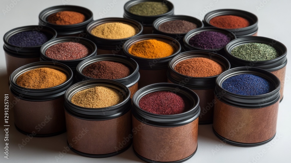 Open spice tins arranged in a circle, showing various colorful ground spices Open spice tins arranged in a circle, showing various colorful ground spices