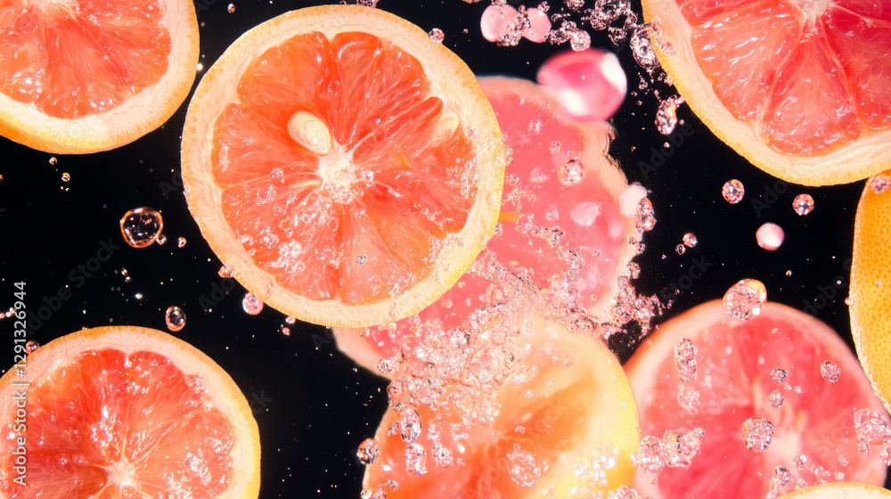 Vibrant grapefruit halves in dynamic water background for refreshing design Vibrant grapefruit halves in dynamic water background for refreshing design
