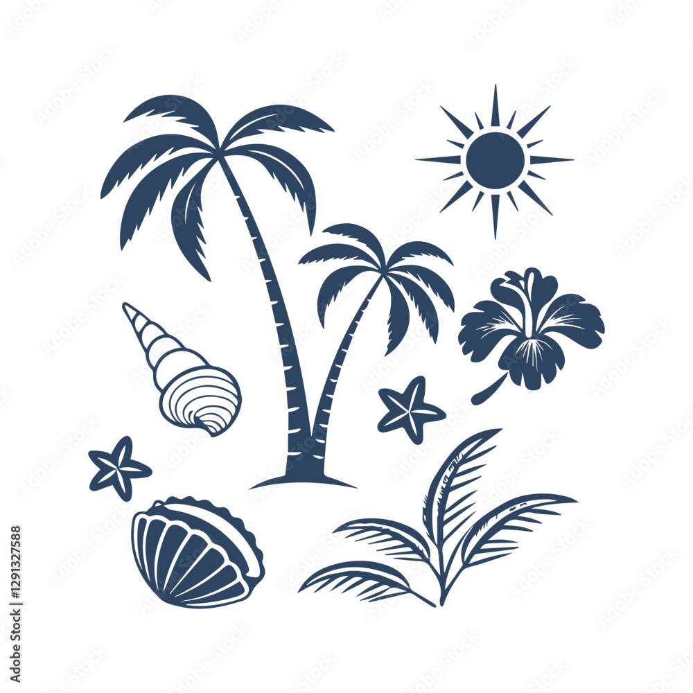 Obraz premium Beach Vibes Doodle Collection – Summer Elements in Vector Silhouette Style