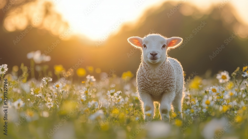 Adorable lamb frolicking in a blooming field during sunset, surrounded by vibrant wildflowers in a pastoral setting Adorable lamb frolicking in a blooming field during sunset, surrounded by vibrant wildflowers in a pastoral setting