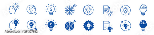 Idea icon set. Creative, business, solution, brainstorming, innovation, Lightbulb, brain, meeting, thinking and management. Editable stroke icons collection vector illustration. 
