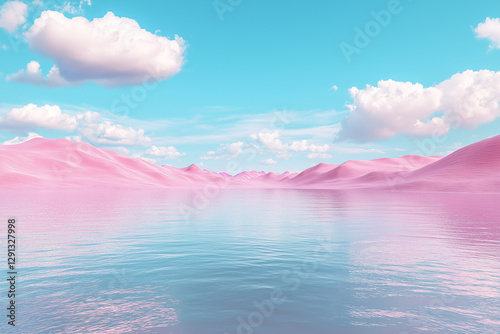 A 3D-rendered modern abstract minimalist scene featuring a tranquil body of water in the center of a pink desert, set beneath a vast blue sky with soft white clouds, creating a surreal fantasy landsca