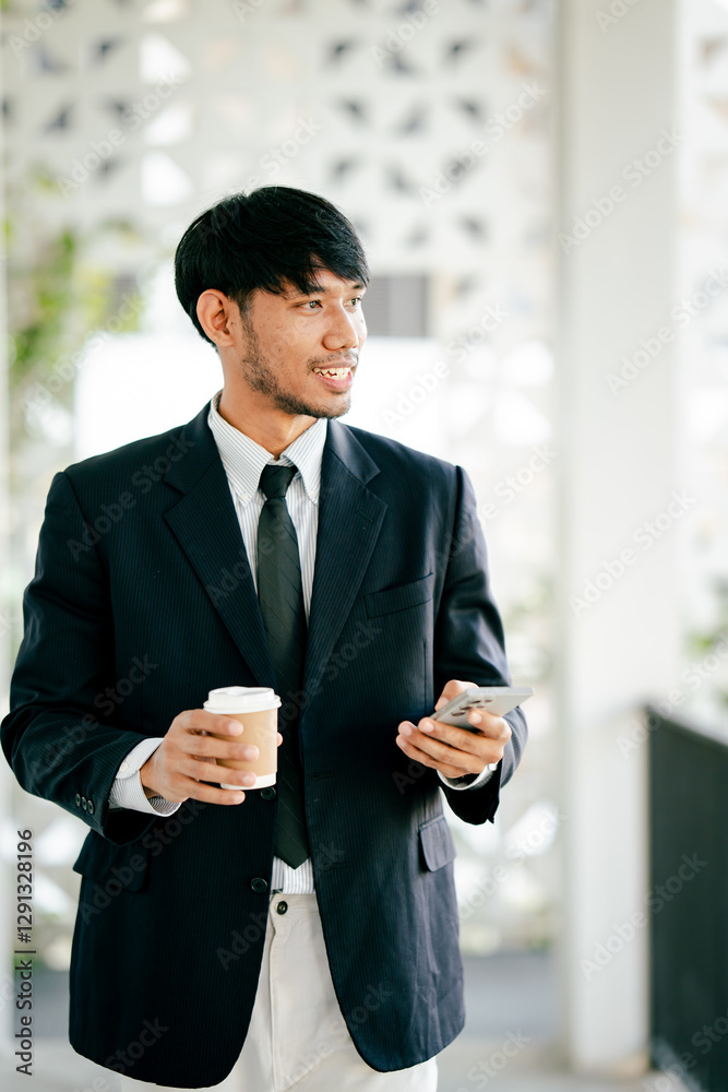 Young businessman holding a coffee cup He was smiling and he was enjoying his coffee. Young businessman holding a coffee cup He was smiling and he was enjoying his coffee.