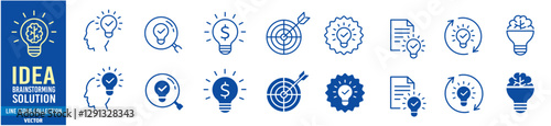 Idea icon set. Creative, business, solution, brainstorming, innovation, Lightbulb, brain, meeting, thinking and management. Editable stroke icons collection vector illustration. 