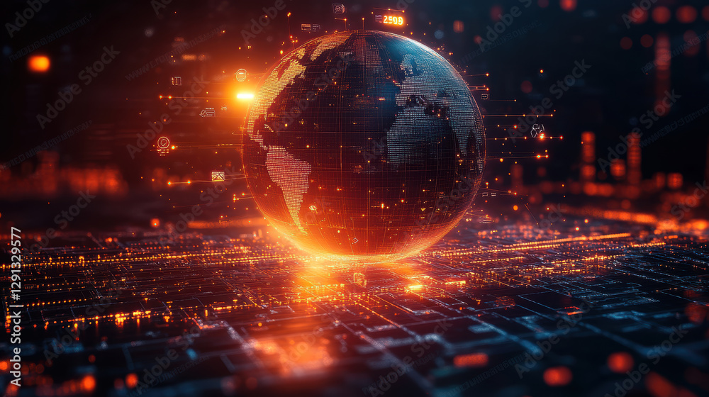 glowing globe surrounded by digital data and circuits, symbolizing global connectivity and technology. vibrant colors create futuristic atmosphere
