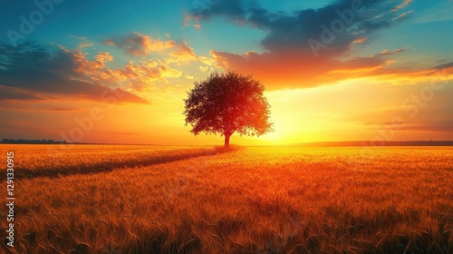 Majestic sunset over a golden wheat field with a solitary tree silhouetted against a vibrant sky