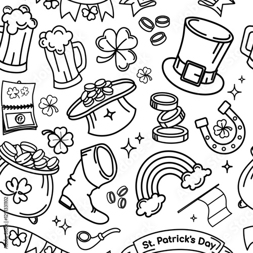 St. Patrick's Day Seamless black and white pattern with leprechaun hats, clovers, beer mugs, gold coins, rainbow and horseshoes for holiday background, coloring pages, festive design. Vector