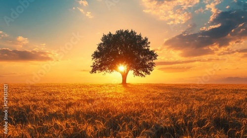 A majestic solitary tree silhouetted against a stunning sunset in a golden wheat field, creating a serene landscape scene.