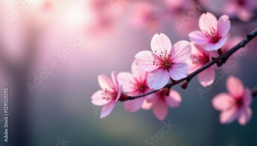 Soft pink sakura blossoms in a misty environment, background blur, macro photography