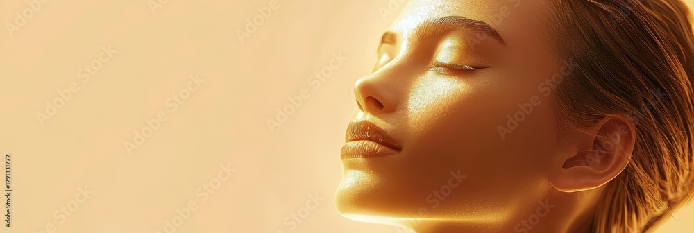3d background minimalistic mockup with space for text, glowing soft portrait of a woman with golden highlights and dreamy expression 3d background minimalistic mockup with space for text, glowing soft portrait of a woman with golden highlights and dreamy expression