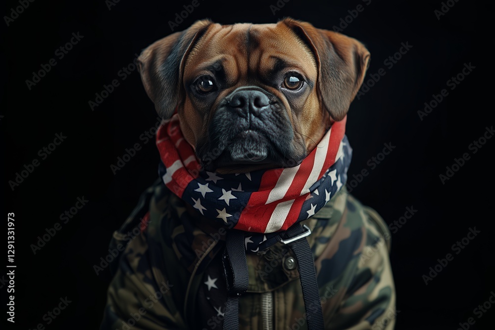 Obraz premium Memorial Day. Adorable dog and congratulatory inscription. Close-up, indoors. Studio shot. National holiday concept. Congratulations for family, relatives, friends, colleagues. Pets care
