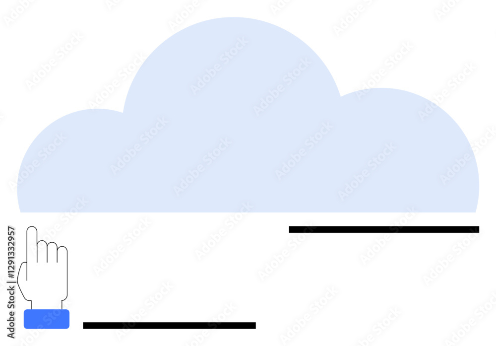 Hand clicking below a large cloud shape with minimalistic lines. Ideal for cloud storage, digital access, user interface, online services, data syncing, computing, abstract line flat metaphor Hand clicking below a large cloud shape with minimalistic lines. Ideal for cloud storage, digital access, user interface, online services, data syncing, computing, abstract line flat metaphor