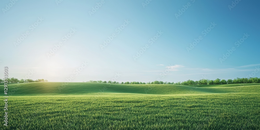 Obraz premium 3d background minimalistic mockup with space for text, vast green meadow under a clear blue sky with soft sunlight