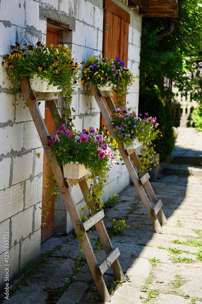 Naklejka premium Interesting idea for container vertical garden flowering plants.
