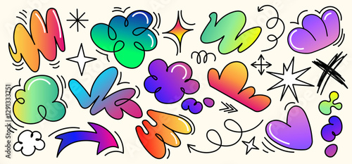 Colorful hand drawn doodle elements set with abstract shapes, hearts, arrows,scribbles in a playful graffiti style for graphic design, stickers, social media, branding,creative projects.Vector
