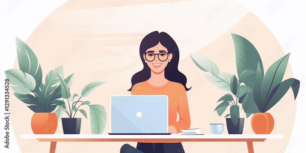 Fototapeta premium Businesswoman working on laptop at desk with plants, illustration