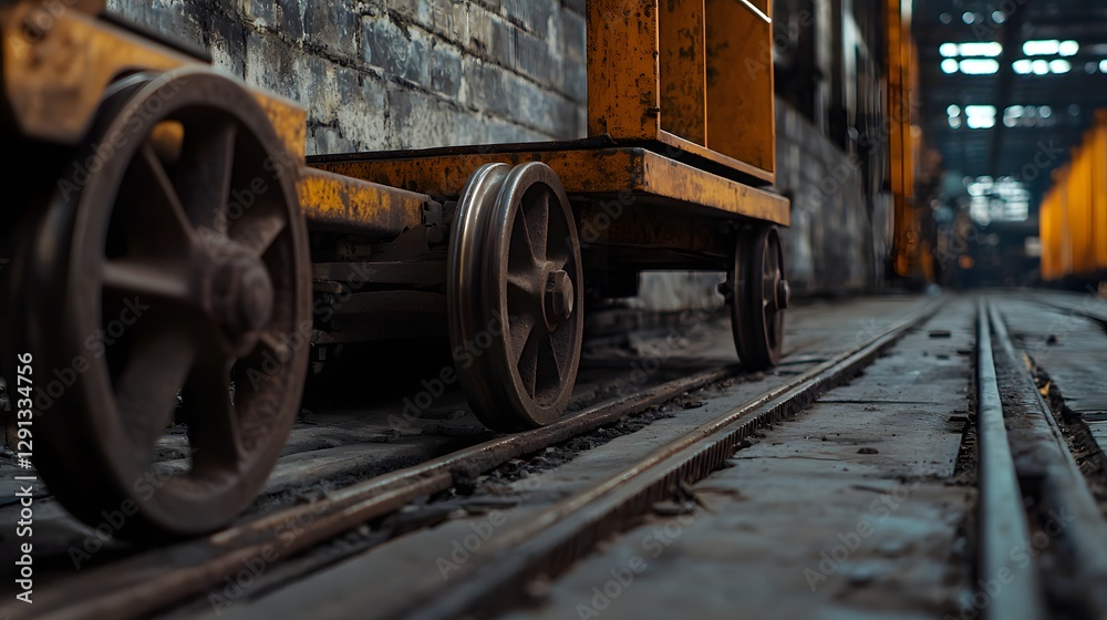 Industrial Trolley at Rest in Abandoned Warehouse with Rustic Textures and Warm Lighting Industrial Trolley at Rest in Abandoned Warehouse with Rustic Textures and Warm Lighting