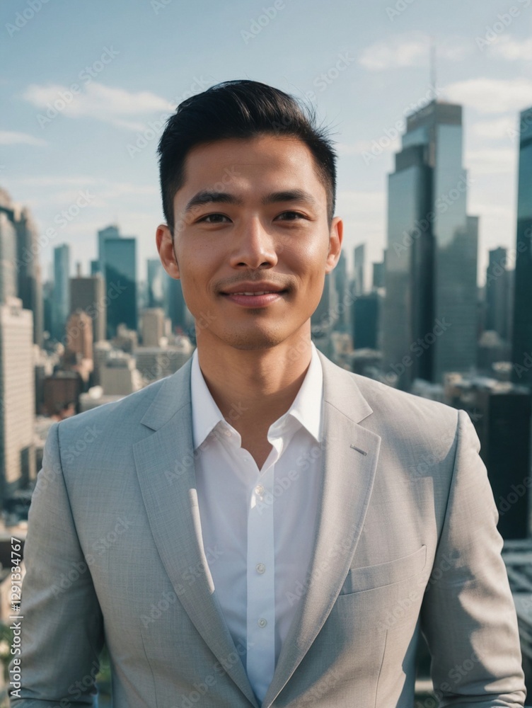 Confident East Asian Man in Futuristic Green Cityscape with Plant-Covered High-Rise Buildings Confident East Asian Man in Futuristic Green Cityscape with Plant-Covered High-Rise Buildings
