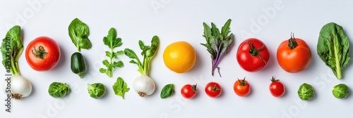 Aesthetic arrangement of colorful vegetables in a flat lay style on a white background