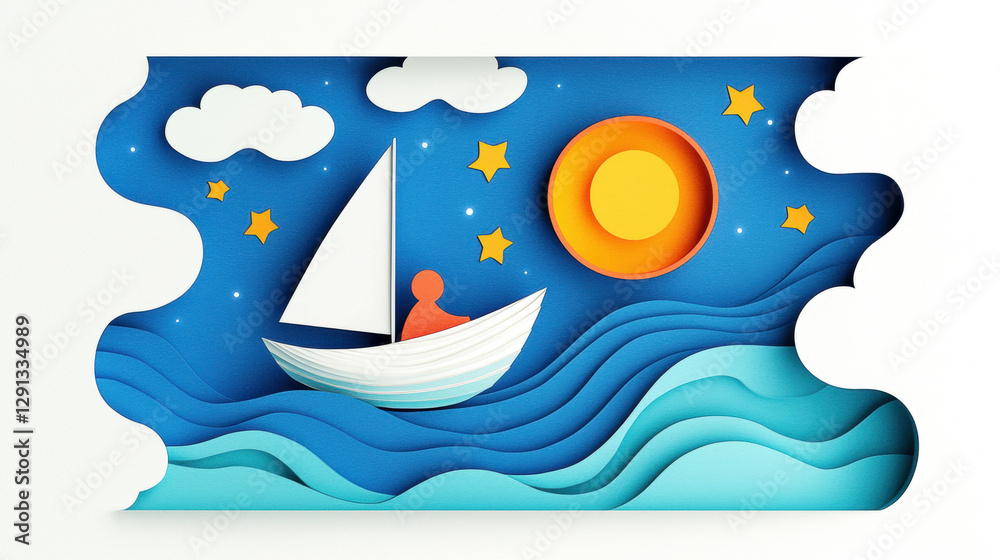 Naklejka premium Quixotic flat illustration, A paper-cut style scene featuring a boat on waves under a starry night sky with a bright sun.