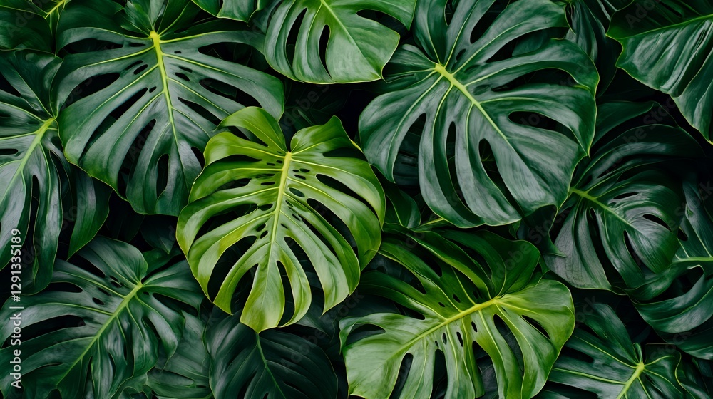 Lush Dark Green Monstera Leaves Background Lush Dark Green Monstera Leaves Background