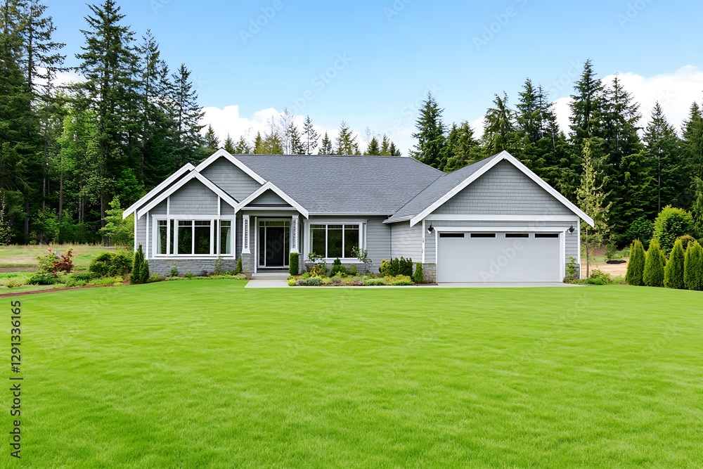 Beautiful modern house with green lawn and forest background. Beautiful modern house with green lawn and forest background.