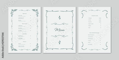Elegant Restaurant Menu Set with Floral Ornament and Calligraphy. Vintage Wedding and Event Design. Classic Frame. Vector Illustration.
