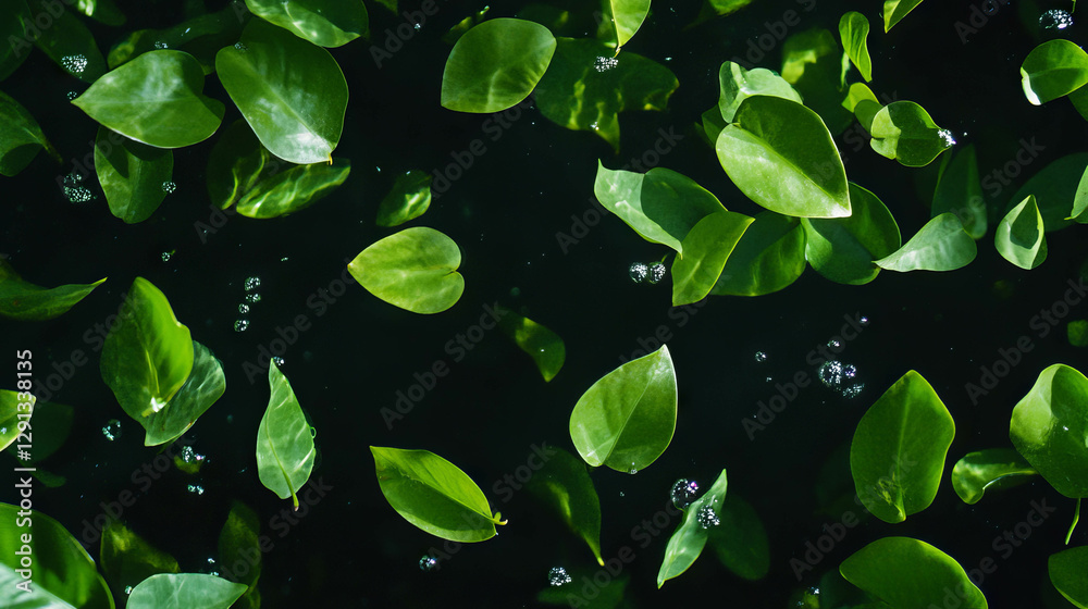 Lush green leaves floating in minimalist dark background for nature design Lush green leaves floating in minimalist dark background for nature design