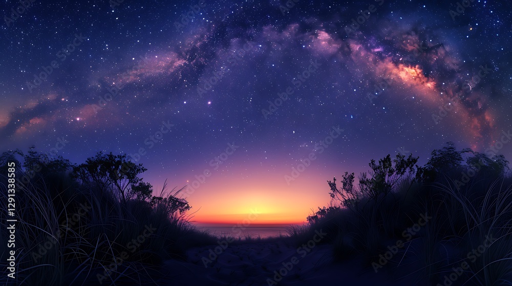 Fototapeta premium Beautiful Blue Skies with Nature, Bright Moon ,Cloud ,Beach scenery, Tree, night -Anime concept Background