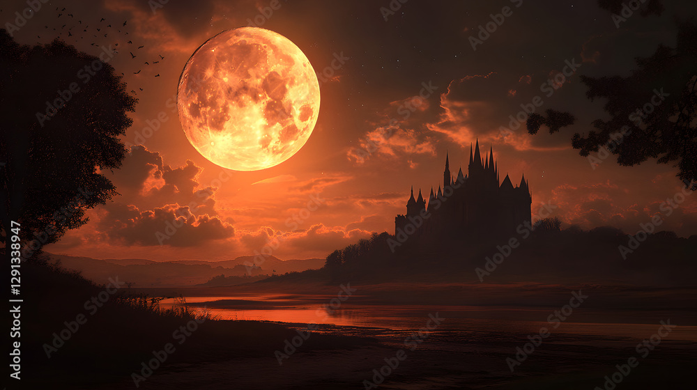 Crimson Moonlit Castle: A majestic castle silhouette rises against a fiery, full moon, creating a dramatic and atmospheric scene, enhancing the ethereal beauty of the night. Crimson Moonlit Castle: A majestic castle silhouette rises against a fiery, full moon, creating a dramatic and atmospheric scene, enhancing the ethereal beauty of the night.