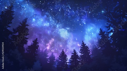 Beautiful Blue Skies with Nature, Bright Moon ,Cloud ,Beach scenery, Tree, night -Anime concept Background