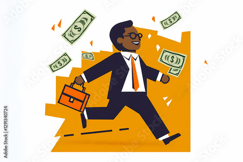 A man is running with a briefcase and a lot of money