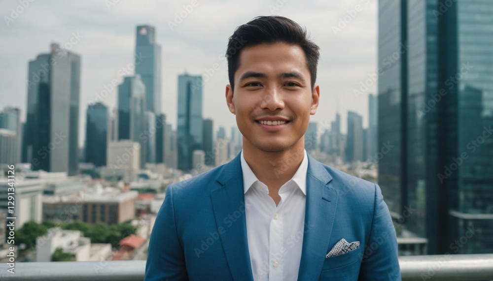 Southeast Asian Man in Futuristic Sustainable Metropolis with Vertical Garden Architecture Southeast Asian Man in Futuristic Sustainable Metropolis with Vertical Garden Architecture